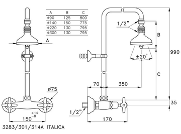 ITALICA 3283-301-314A-90 - Wall-mounted shower panel with overhead shower by RUBINETTERIE STELLA - view 3